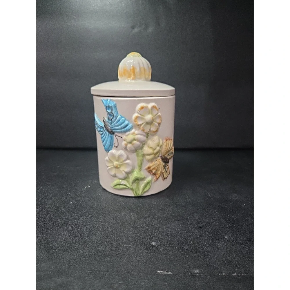 Handmade‎ Ceramic Butterfly Jar, Vintage Small Floral Canister, Butterfly Decor